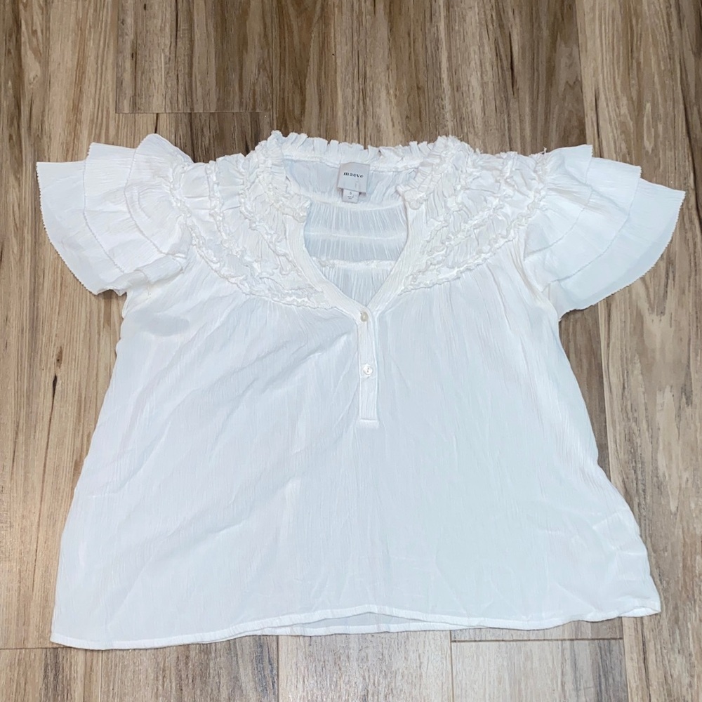 MAEVE ANTRHOPOLOGY RUFFLE SLEEVE FLOWY FLOUNCY TOP BLOUSE CREAM WOMENS Sz Small